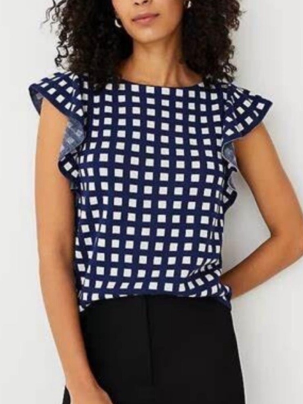 Ann Taylor Blue and White Check Short Sleeve Sweater with Ruffle Sleeves XXSP
